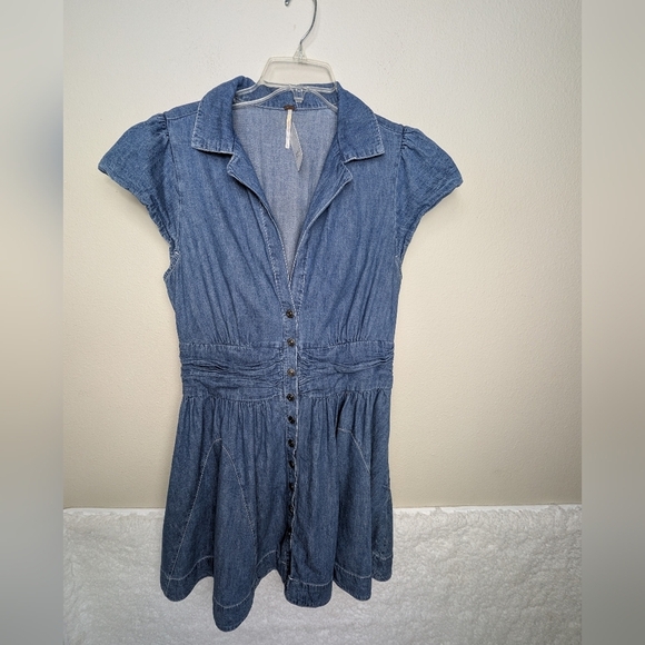 Free People Chester Dress Womens Large Stretch Denim Flutter Sleeve Sparkle 8 - Picture 14 of 15
